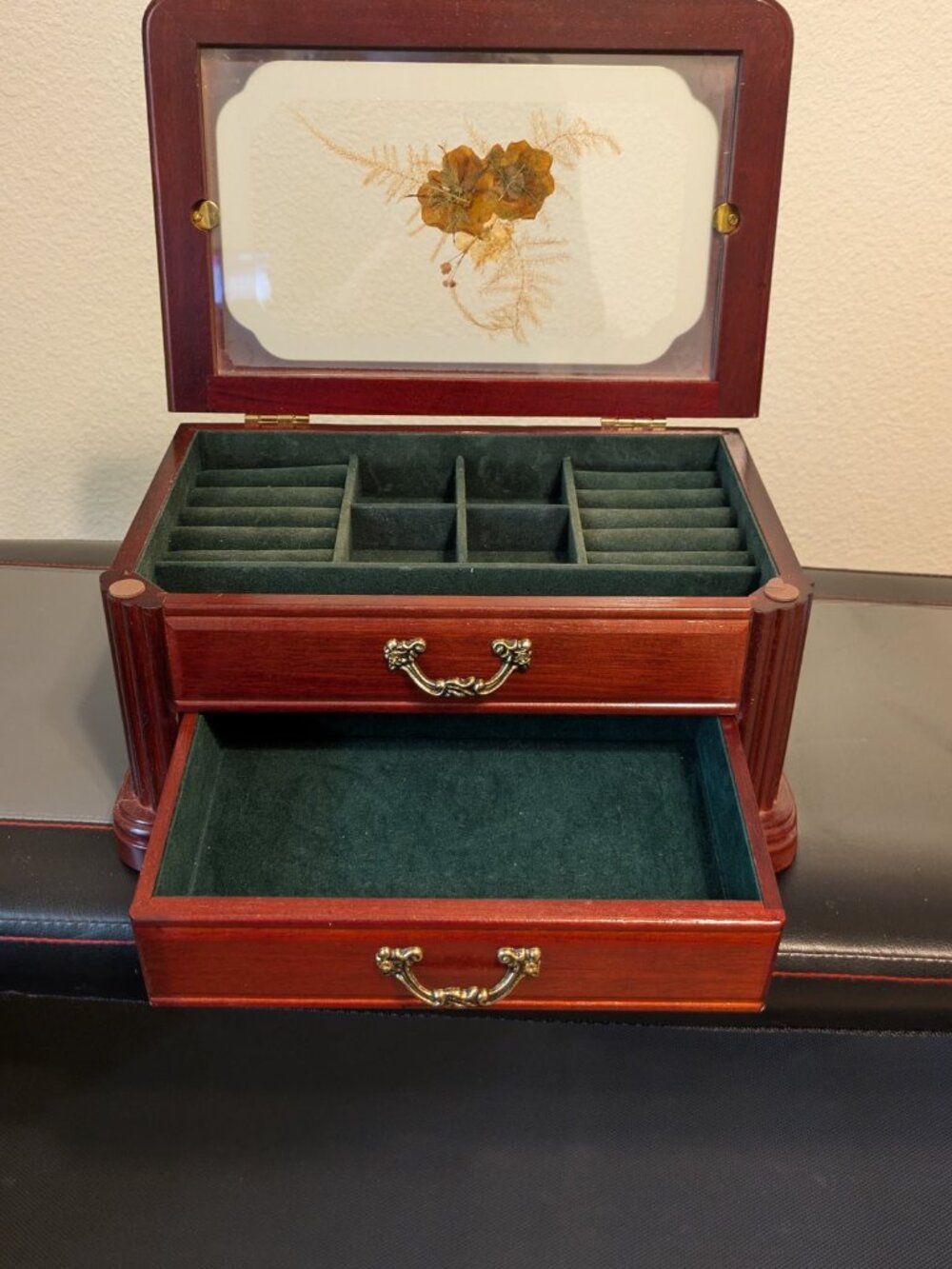 Vintage Jewelry Box with Dried Flower Inlay on Glass Top